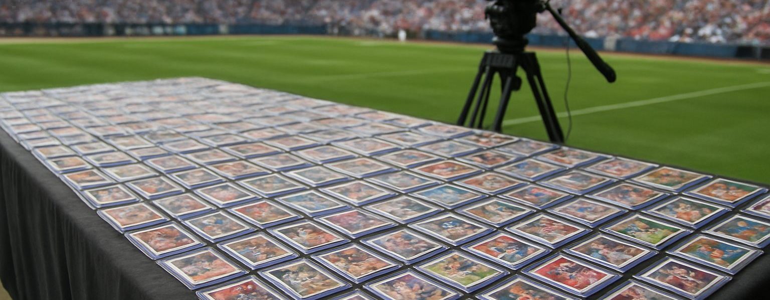 A table covered with sports trading cards, positioned in a stadium setting with a camera nearby.