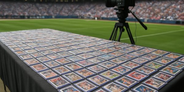 A table covered with sports trading cards, positioned in a stadium setting with a camera nearby.